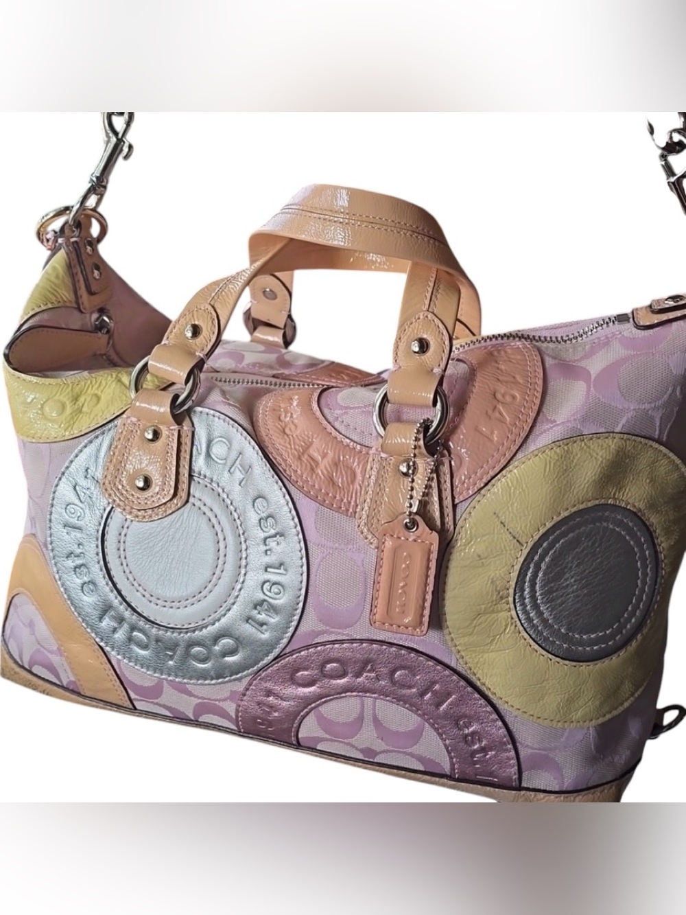 Coach Multicolor Pink Patchwork Circle-Detail Satchel